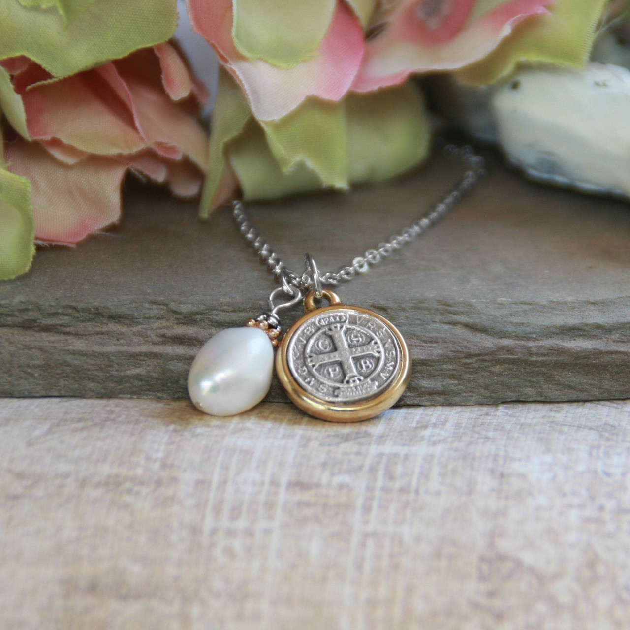 IN-510  St. Benedict with Freshwater Pearl Necklace