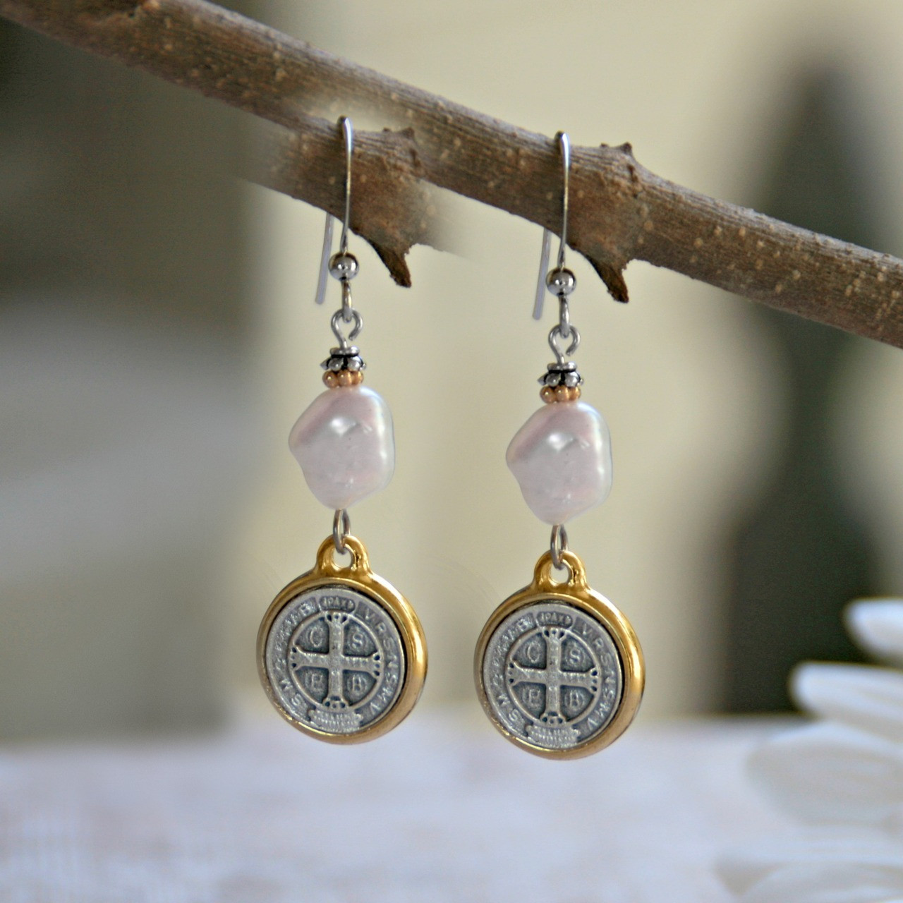 IN-36  St. Benedict Freshwater Pearl Earrings