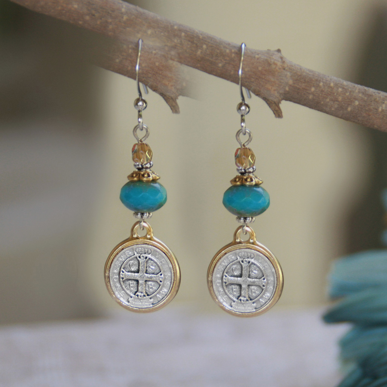 IN-37  St. Benedict Turquoise Crystal Earrings