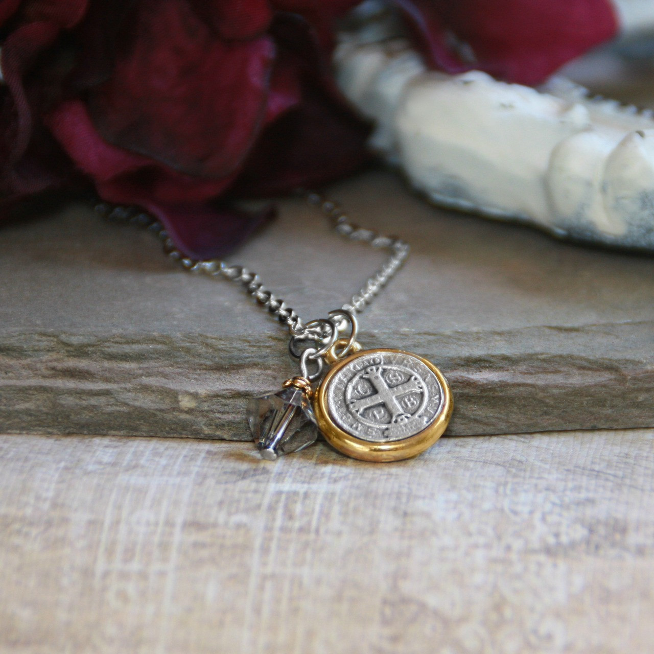 IN-511  St. Benedict Necklace with Swarovski Crystal