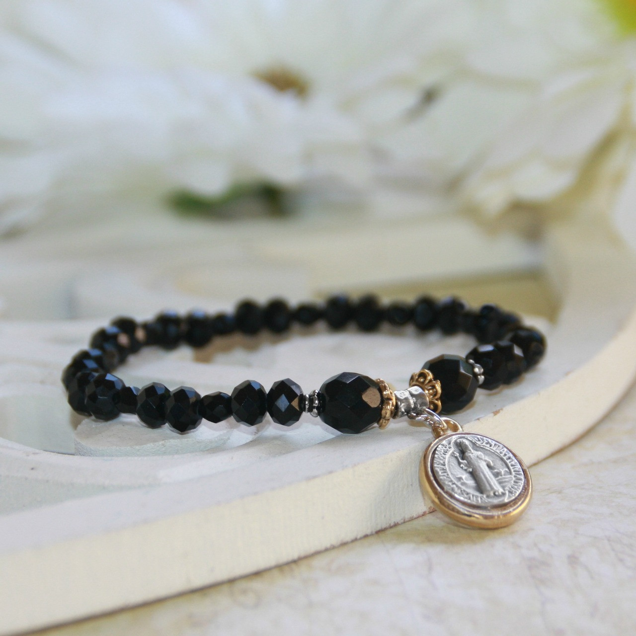 IN-143  St. Benedict Medal Black Jet Bracelet