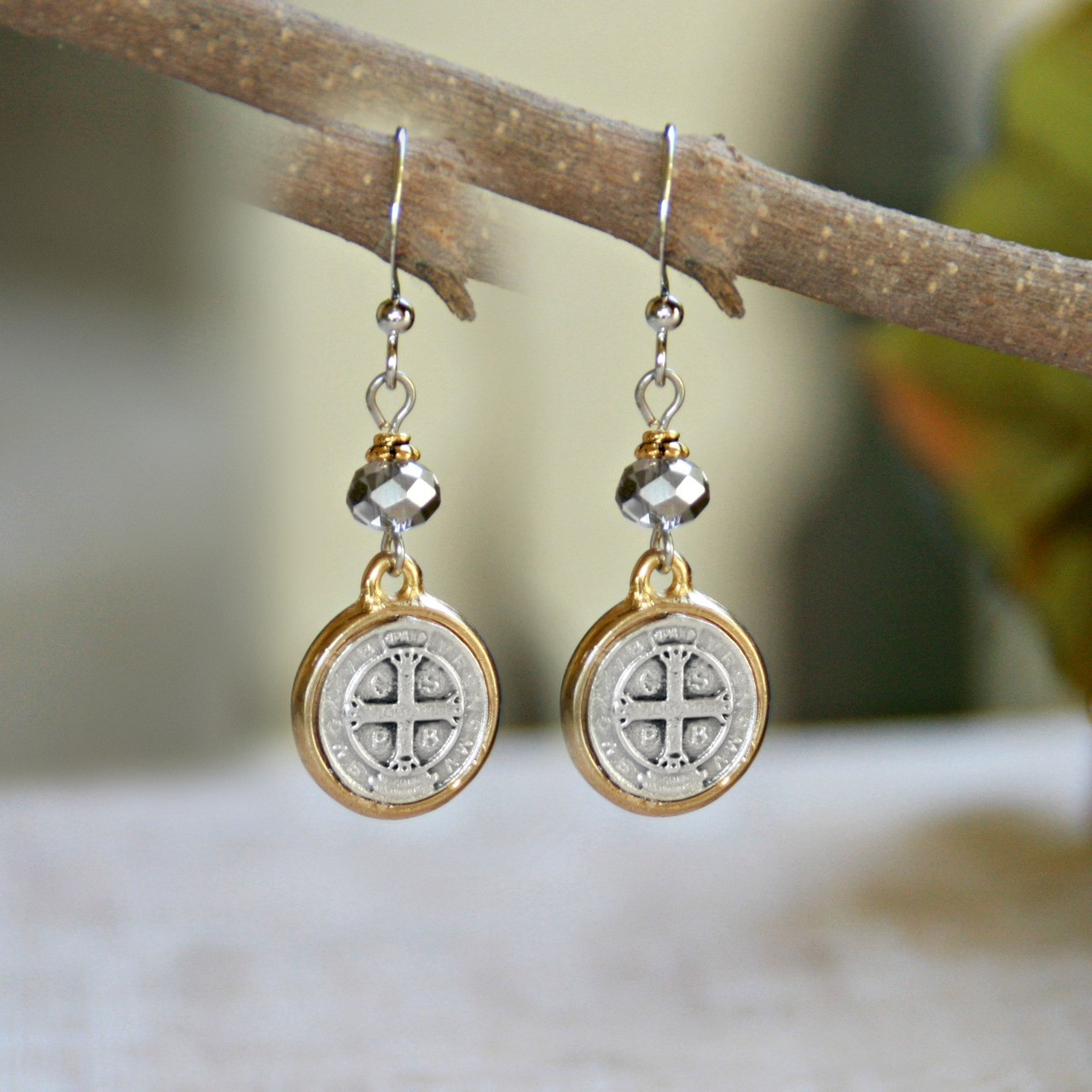 IN-40  St. Benedict Platinum Crystal Drop Earrings