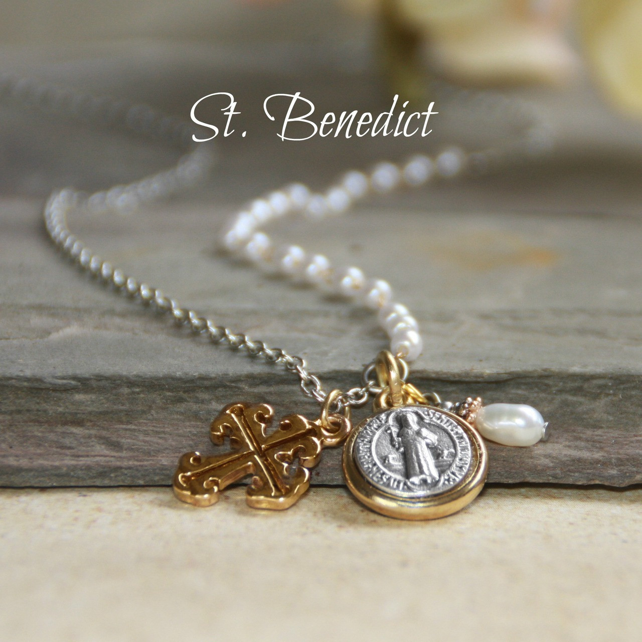 IS-183  Oh so stylish St. Benedict & Pearls 20-24" "Necklace