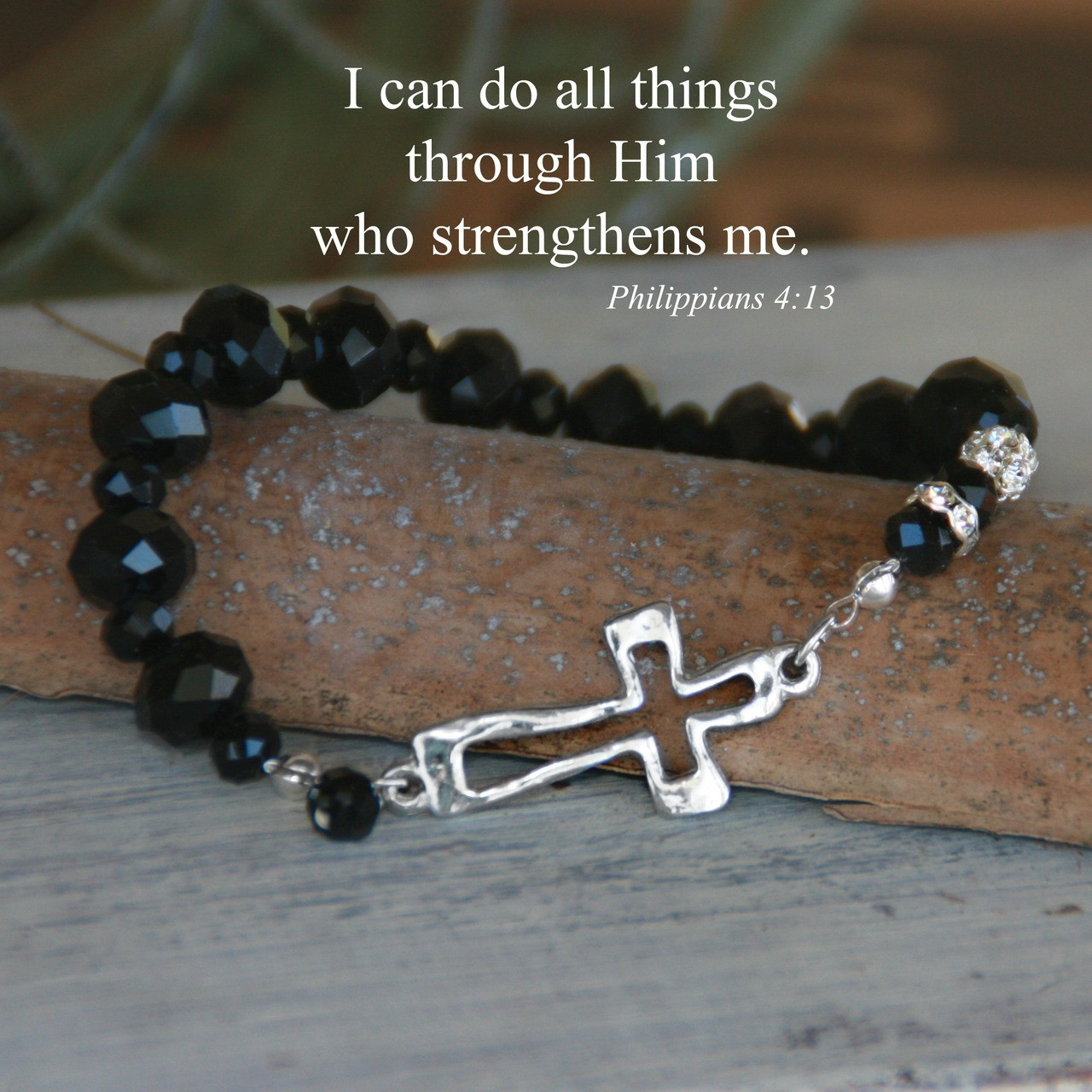 IN-158  Open Cross StretchyJet Crystal Bracelet...I can do all Things