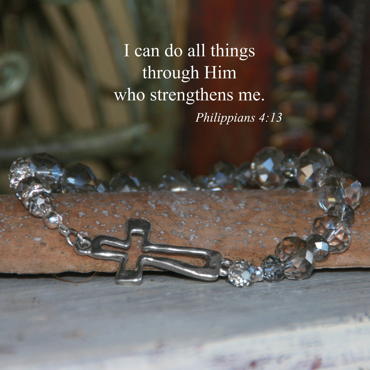 IN-159  Open Cross Stretchy Platinum Crystals Bracelet...I can do all Things