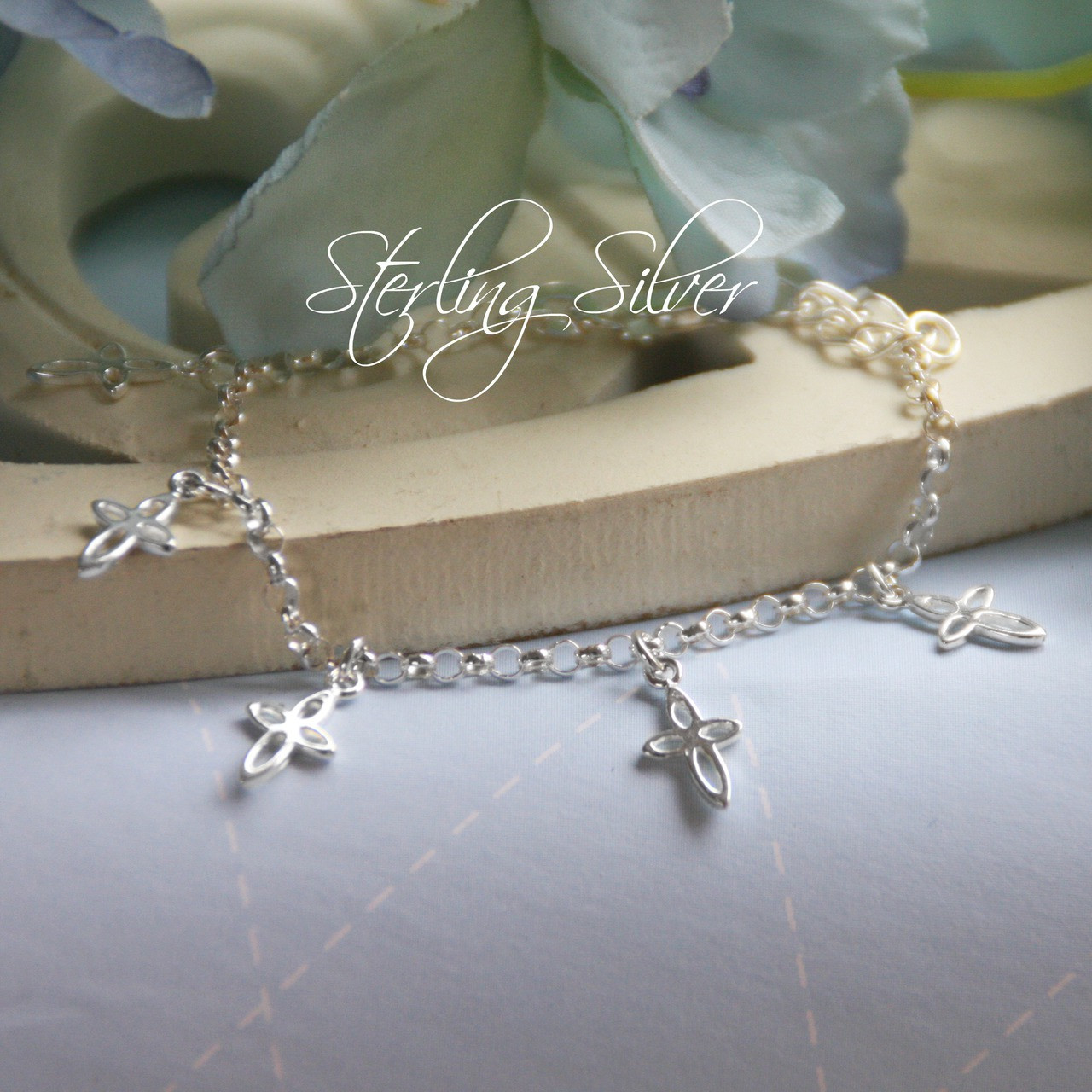 STG-51  Lots of Dainty Crosses Sterling Silver 6 " Bracelet