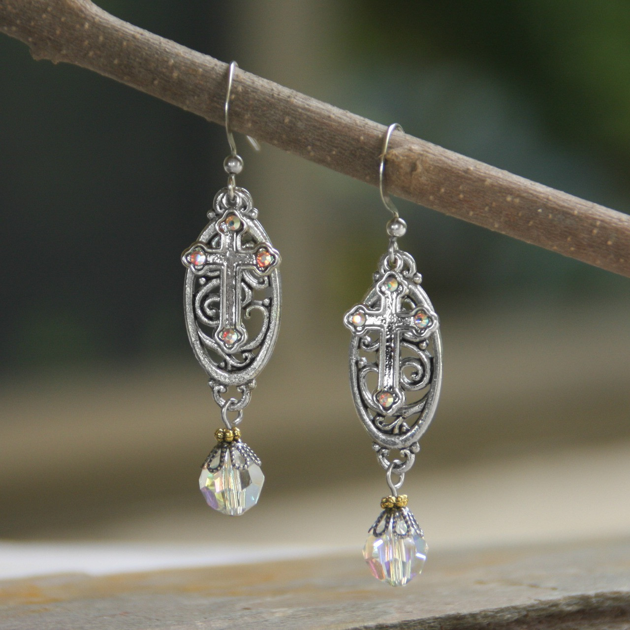 IN-58  Swarovski and Crosses Dangle Earrings