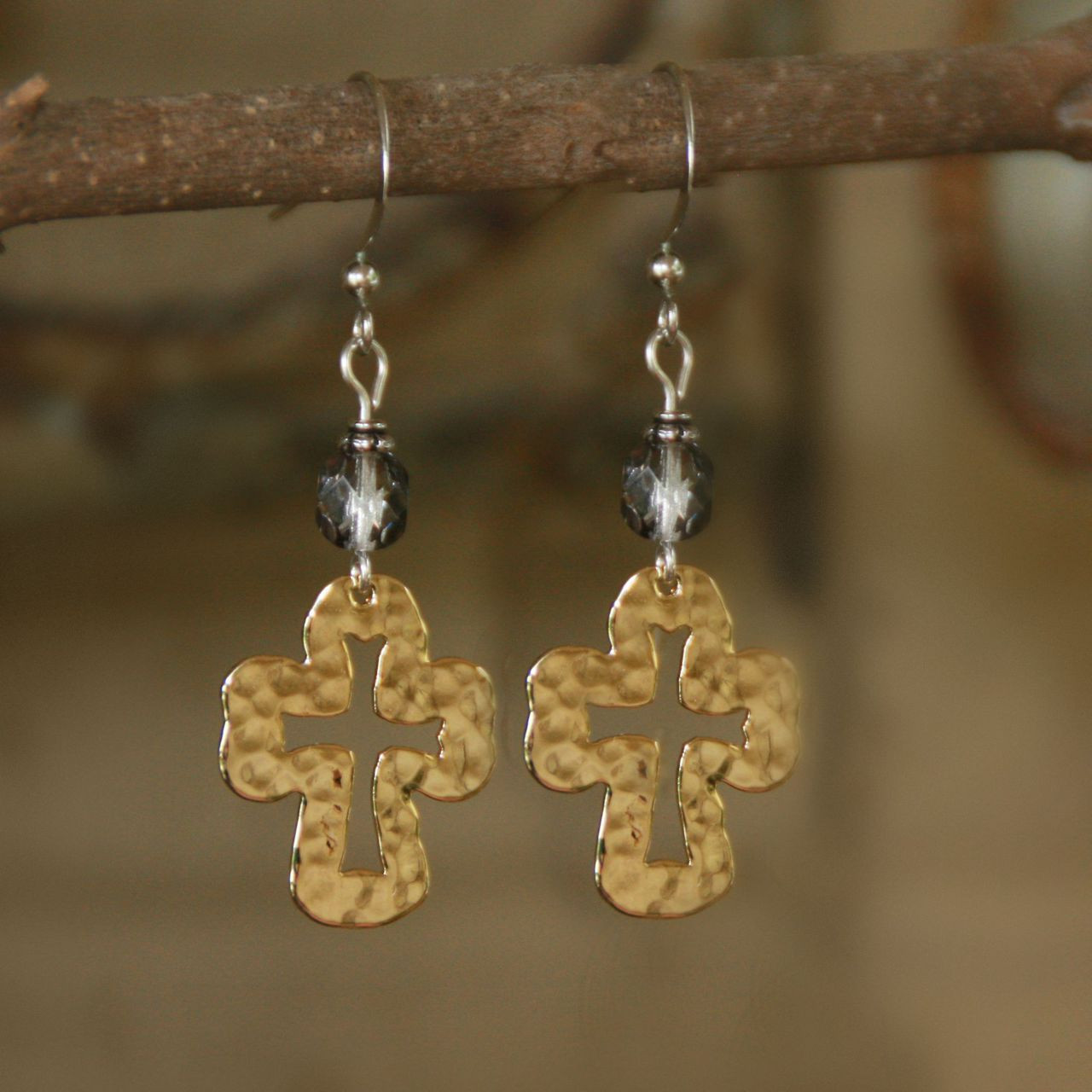 IN-62  Hammered Cross Dangle Earrings