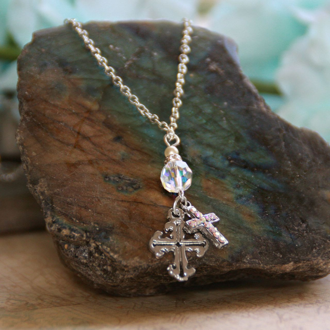 IN-532  Crystals and Crosses Necklace 