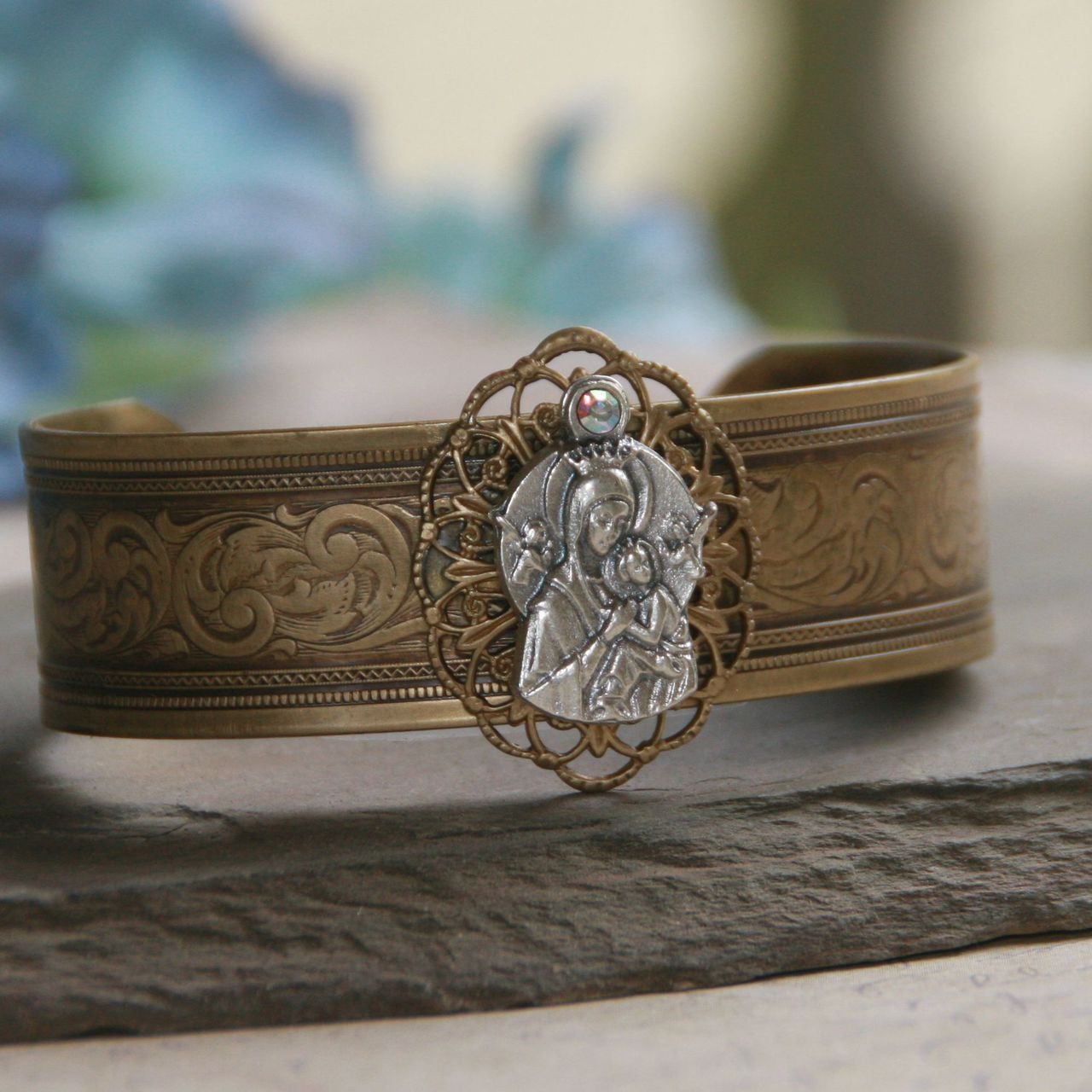 ART-138  Vintage Style Cuff Bracelet with Our Lady of Perpetual Help