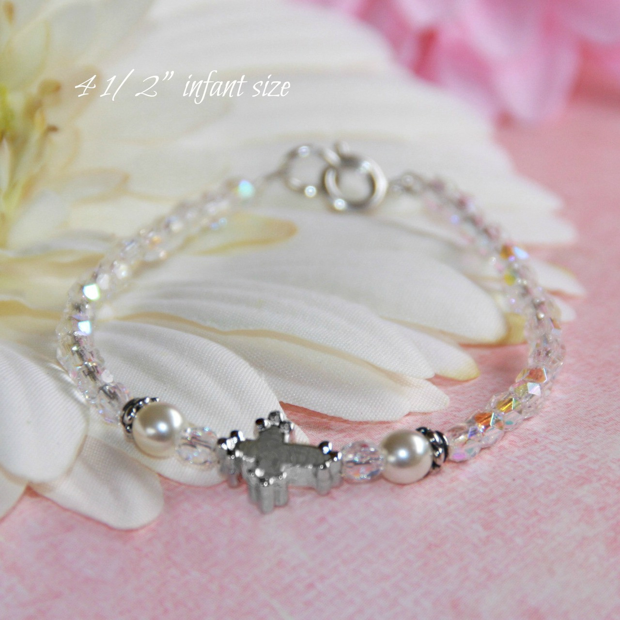 CJ-436-4  Infant Cross Pearls and Crystal AB Bracelet 4 1/2"