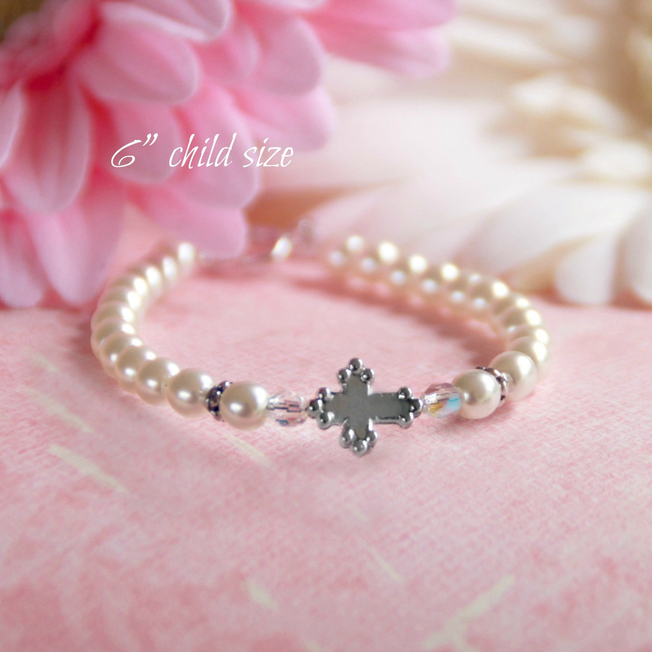 CJ-435-6    Glass Pearls, Crystals and Cross Bracelet 5" 