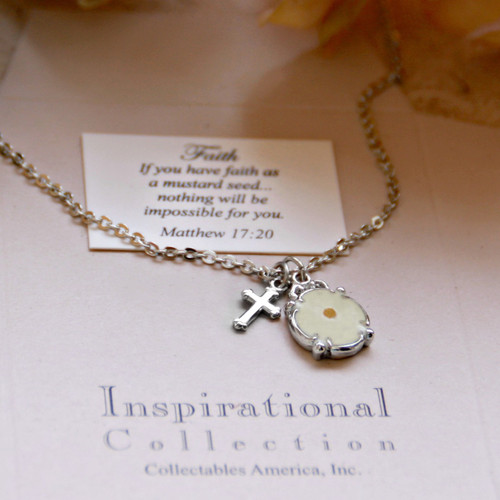 IN-400  Mustard Seed Rhodium Necklace with Cross