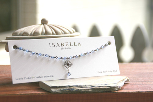 CH-22  Ice Blue Beaded Crystals and Filagree Choker