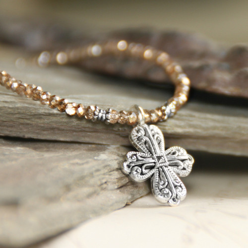 IS-33TOPZ  Topaz Crystal Beaded Cross Necklace