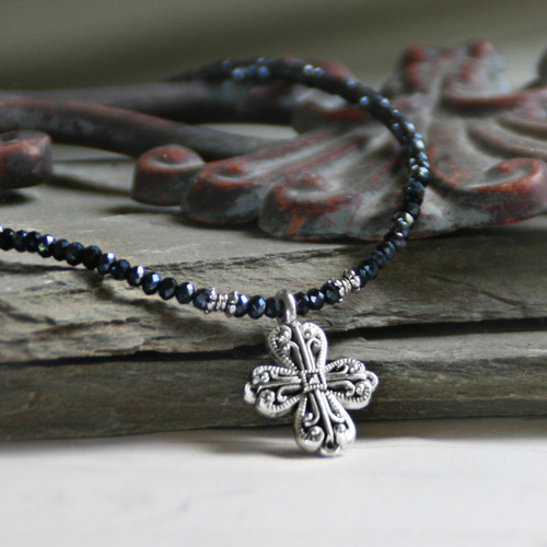 IS-33HEM  Hematite Crystal Beaded Cross Necklace