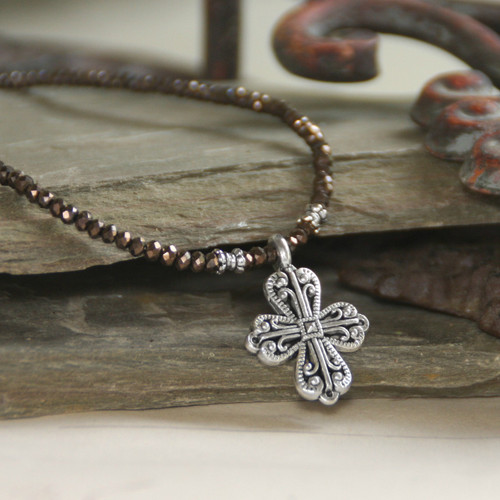 IS-33BRN  Elegant Brown Crystal Beaded Cross Necklace  