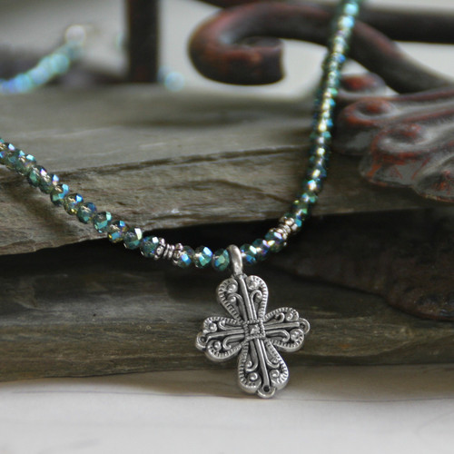 IS-33BLU  Gorgeous Blue AB Crystal Beaded Cross Necklace