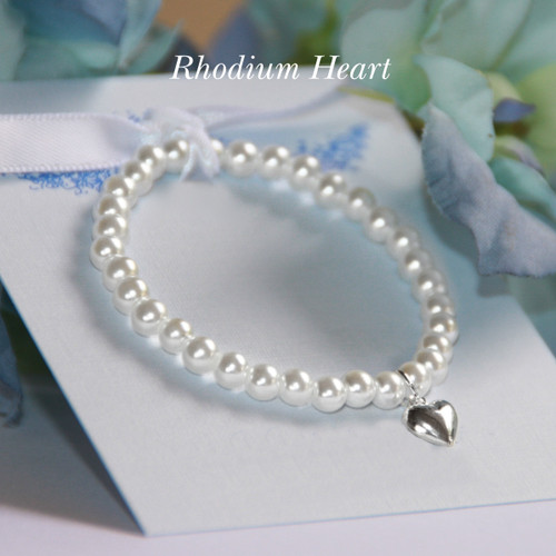 CJ-5095   Stretchy 5" Top Selling Glass Pearl Bracelet with Rhodium Puff Heart