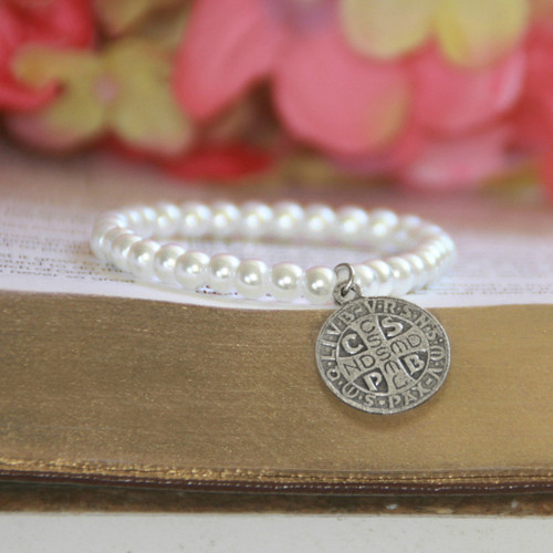 RH-62-6  Glass Pearls Stretchy 6" bracelet with Vintage St. Benedict Medal in Rhodium for Child
