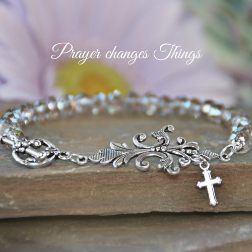 IN-214  Platinum Crystals Classic Prayer changes Things Bracelet with Vintage focal point