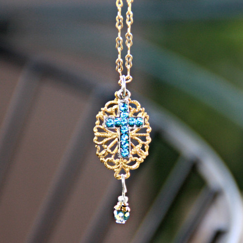 IN-591  Indicolite Swarovski Cross on Filagree Necklace