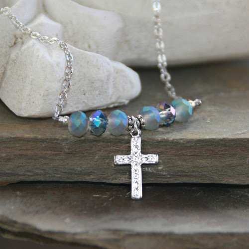 IN-592  Heavenly Blue Crystals Cross Necklace