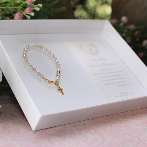 CJ-103  Special boxed First Rosary 4 1/2" Crystal & White Pearl Bracelet