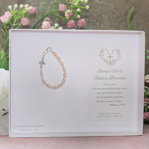STG-275  Special boxed First Rosary 4" Sterling Crystal & Pink Pearl Bracelet