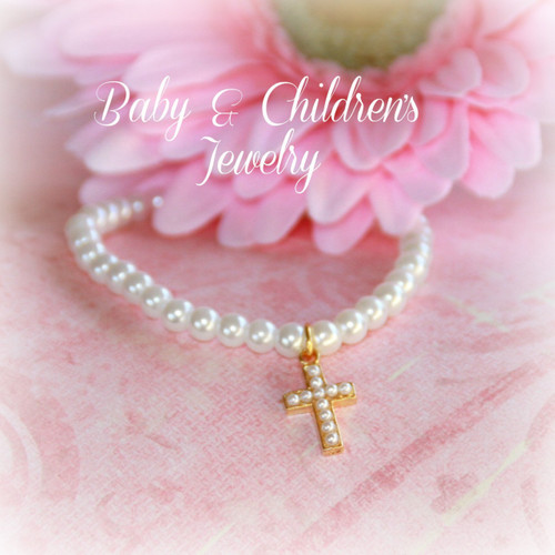 CJ-487 Child Seed Pearl Cross Bracelet 6" Gold finish Stretchy