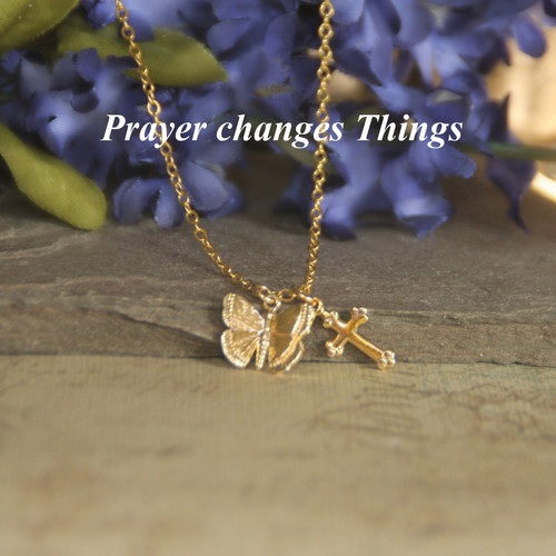 IN-672  Prayer Changes Things Butterfly Cross Necklace