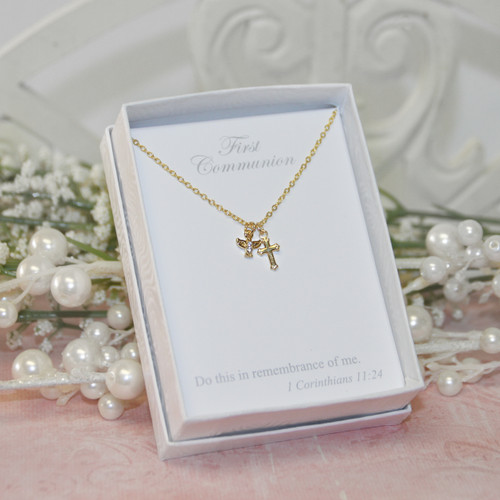 CJ-585  First Communion CZ Dove and Cross Charm Necklace