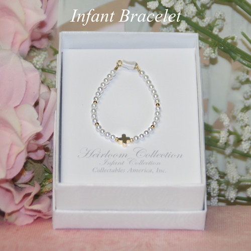 CJ-563  Infant dainty 4.5" Pearl Cross Bracelet