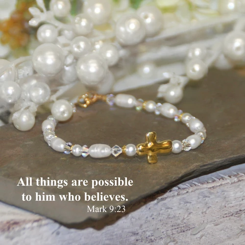 IN-99N  Hammered Gold Cross & Pearls Bracelet