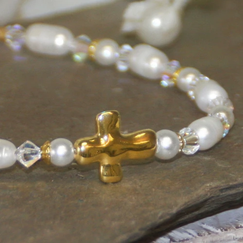 IN-99N  Hammered Gold Cross & Pearls Bracelet