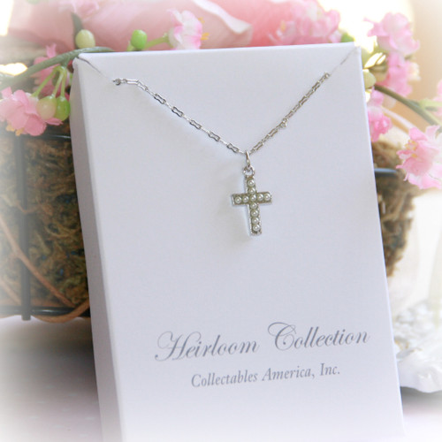 RH-18  Rhodium Seed Pearl Cross Necklace