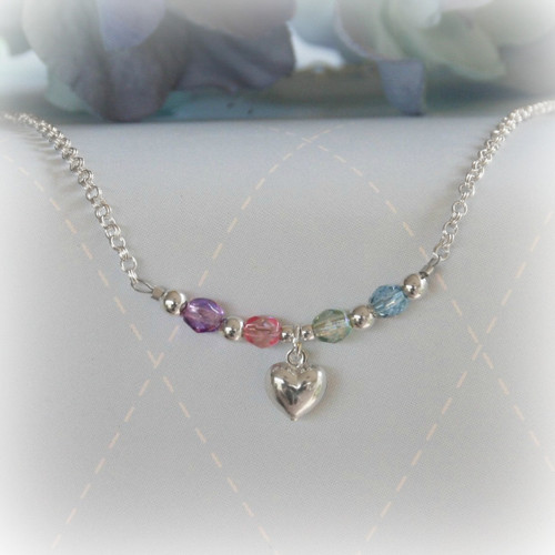 STG-94HT  Sterling Silver and Pastel Crystals Puffed Heart Necklace