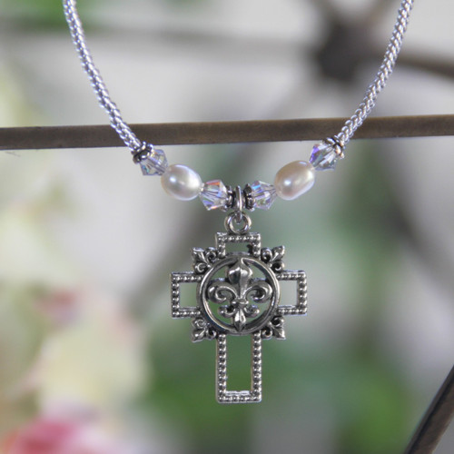 IN-630 Fleur De Lis Cross Necklace with accent Freshwater Pearls
