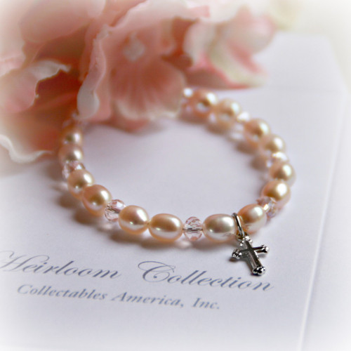 CJ-312-CR Pale PInk Freshwater Pearl Bracelet with Cross charm 5"