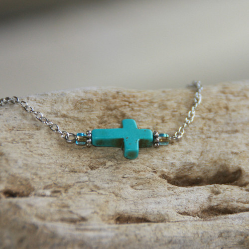 IN-498 Sideways Turquoise Cross Necklace