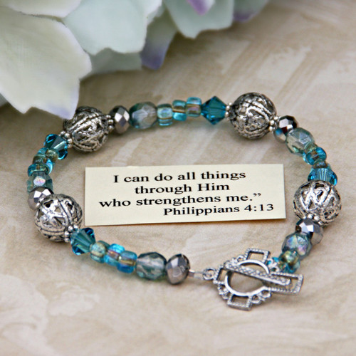 IN-122  I can do all things....Teal Crystal Bracelet
