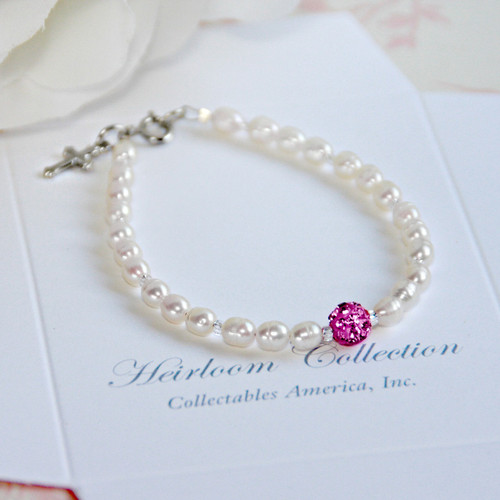 CJ-440-5 Freshwater Pearls and Crystal Pink Bead Bracelet 5"