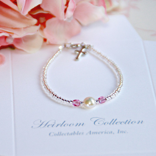 CJ-397-4  Single Pearl and Pink Crystal Seed Bead Bracelet 4 1/2"