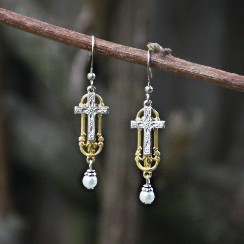 IN-32 Two-tone "I love these" Cross dangle Earrings