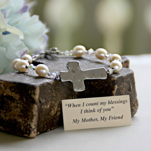 IN-137  Freshwater Pearls and Hammered Cross Bracelet for Mother