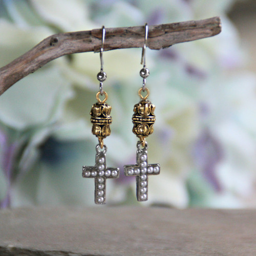 IN-34  Lots of Detail Delicate Seed Pearl Stunning Cross Earrings