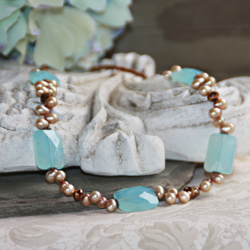IS-554  Ocean Blue and Freshwater Pearls Necklace