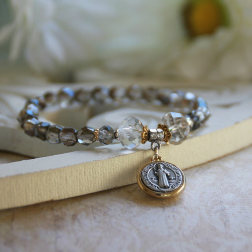 IN-145  St. Benedict Platinum Crystal Bracelet