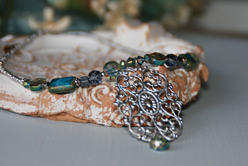 IS-68  Filagree Pendant with Amazing Colors Crystals Necklace