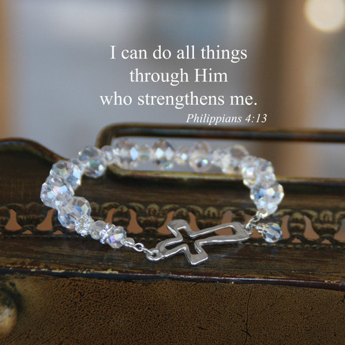 IN-157  Open Cross Stretchy Crystal AB Bracelet...I can do all Things